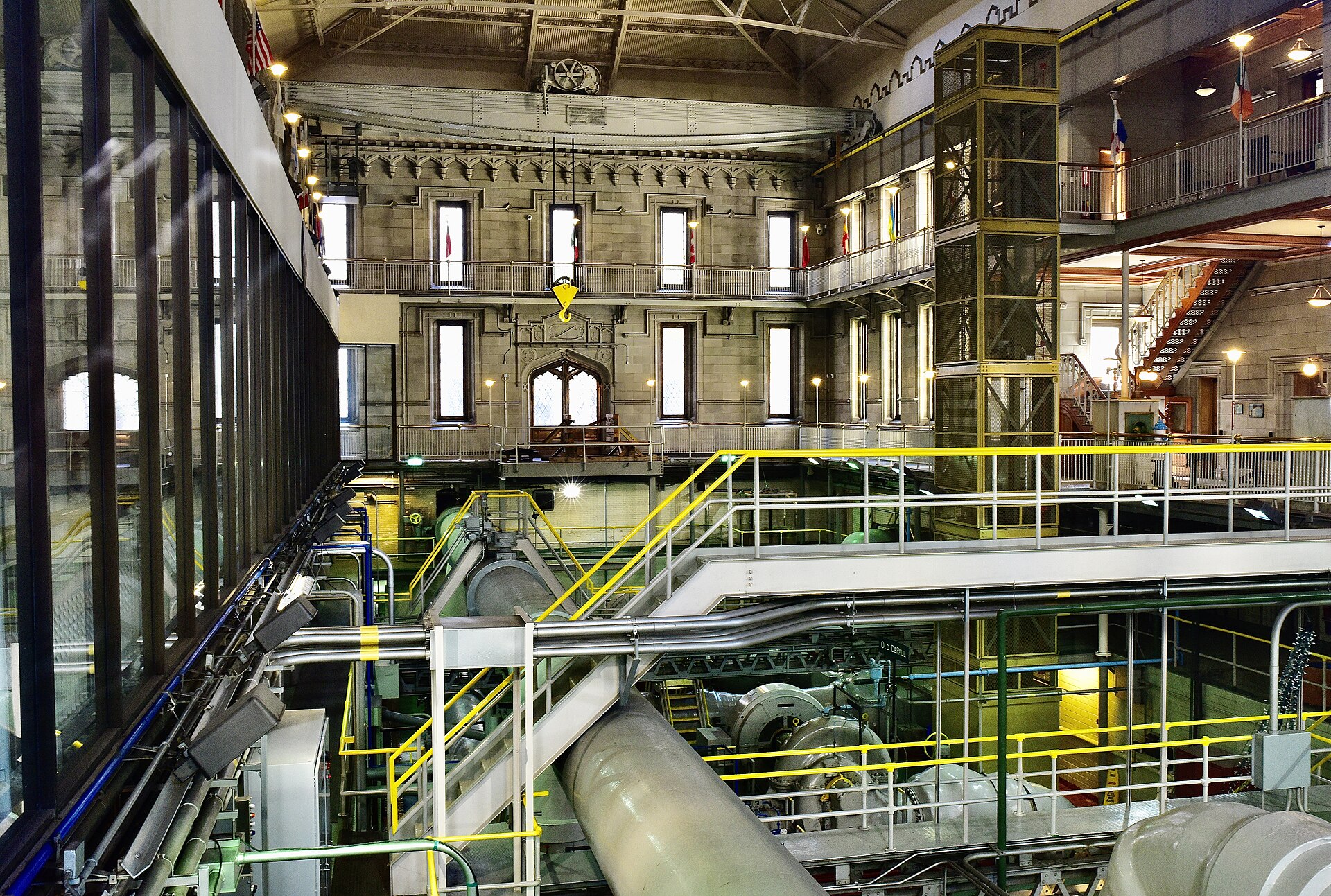 Large municipal water pumping station with pumps and major pipework.